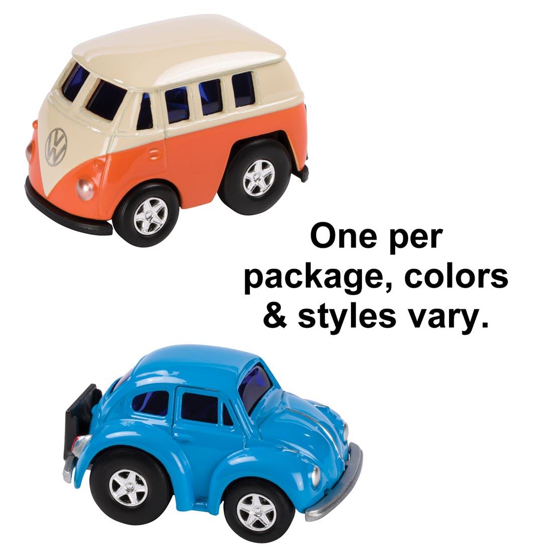 Two different Mini VW Pull-Back Toys with the text One per package, colors & styles vary.