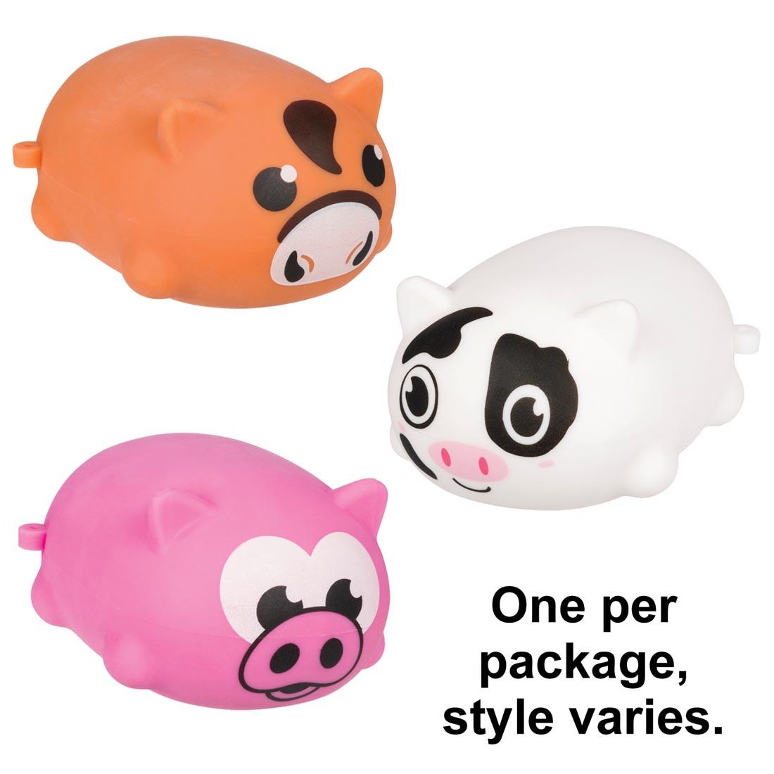 Three different Chubby Barnyard Animal Squeeze Toys with the text One per package, style varies.