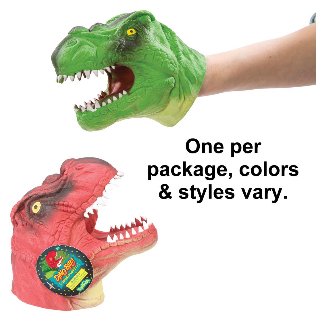 Two different Dino Bite! Hand Puppets with the text One per package, colors & styles vary.