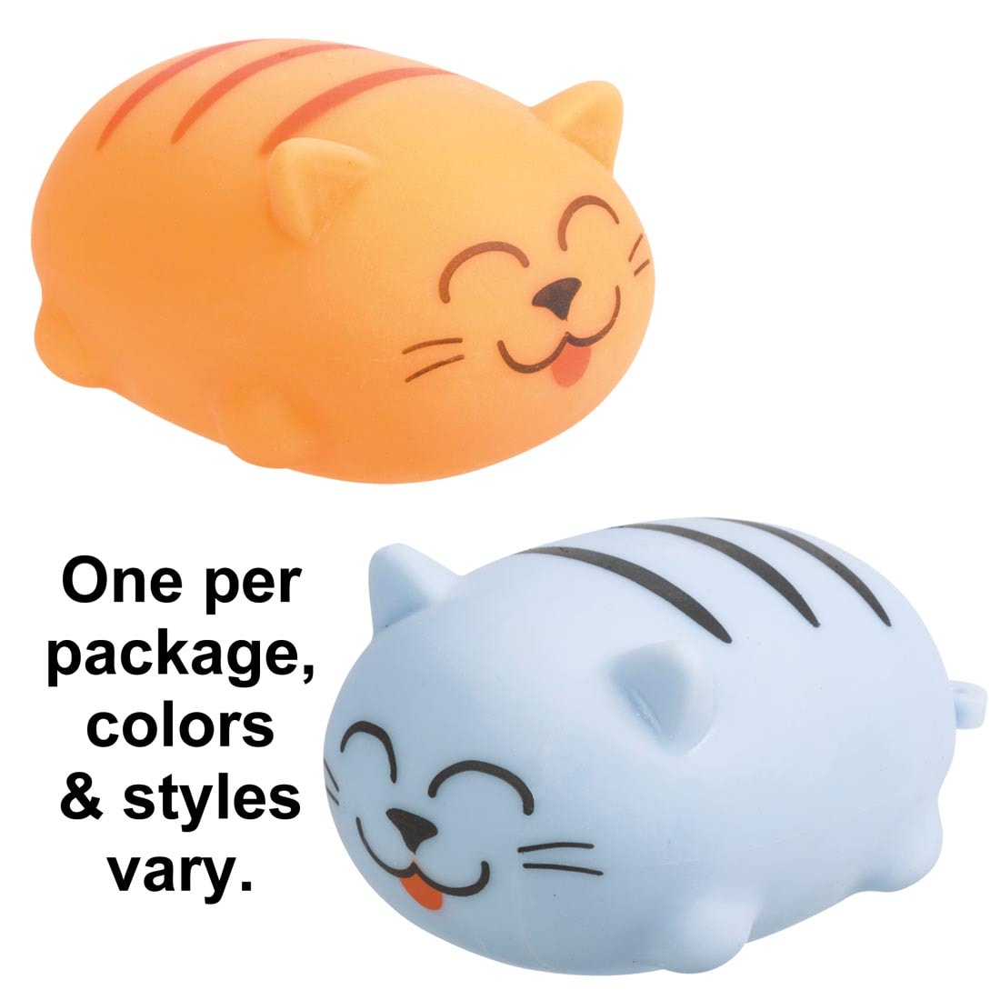 Two different Chubby Kitty Squeeze Toys with the text One per package, colors & styles vary.