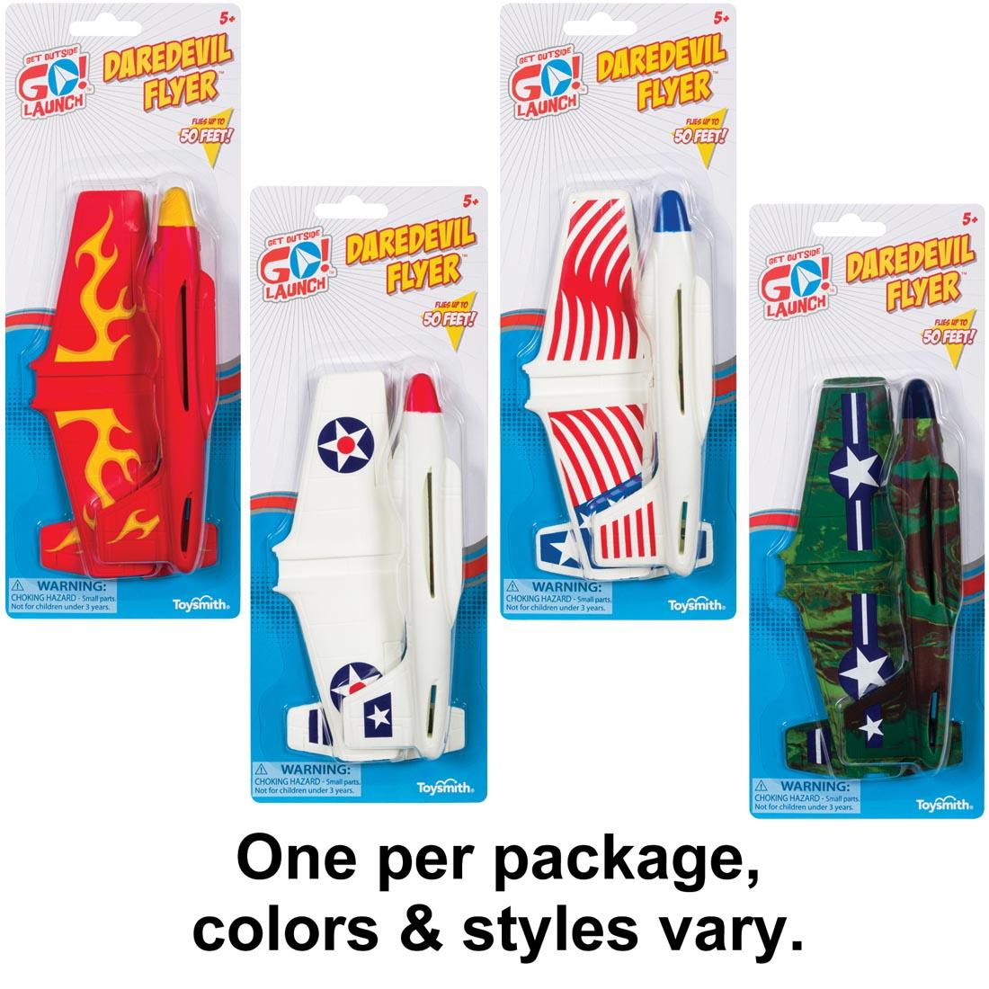 Four different Daredevil Flyer Planes with the text One per package, colors & styles vary.