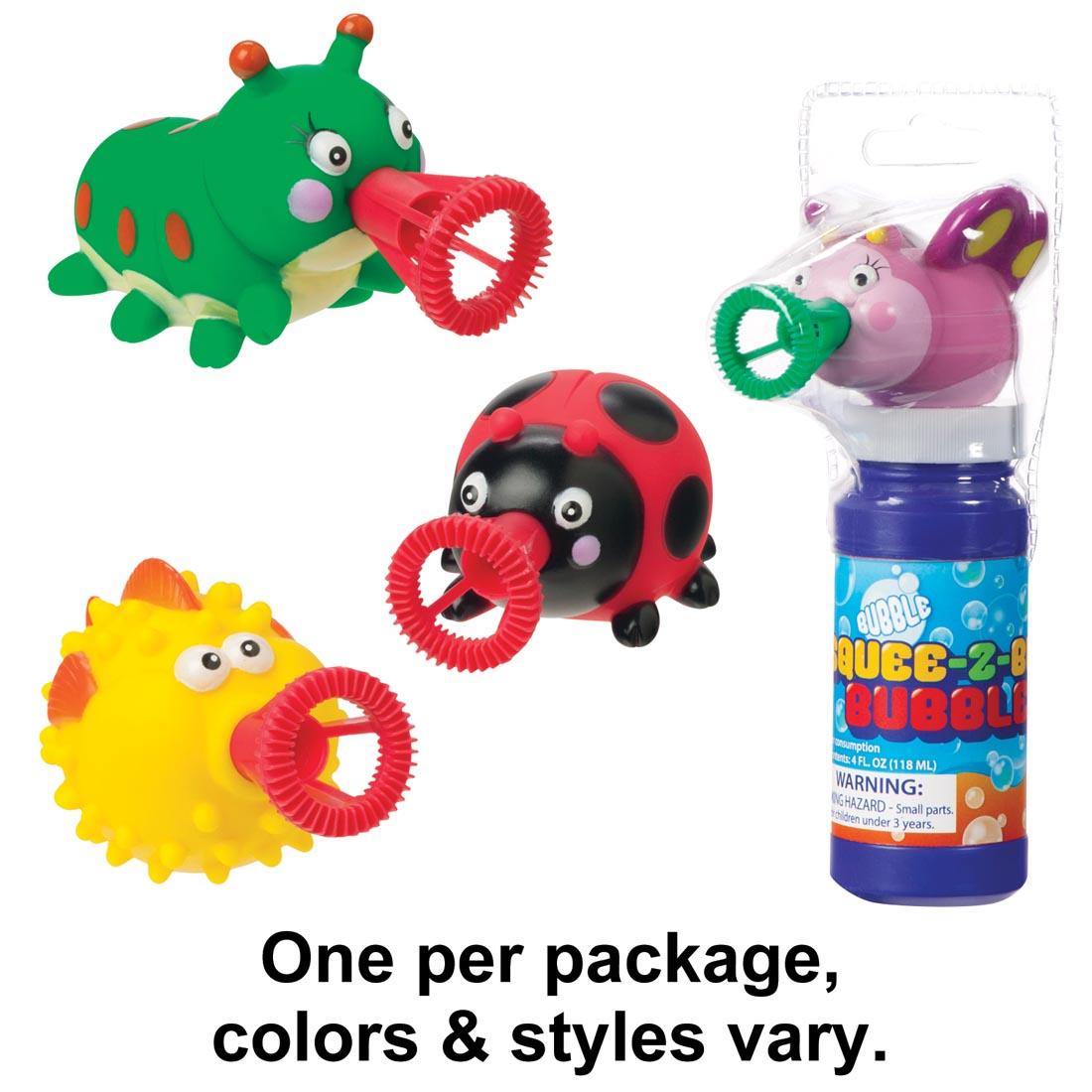A bottle of bubbles shown with four different Mini Squee-Z-Bubs Bubbles toppers with the text One per package, colors & styles vary.