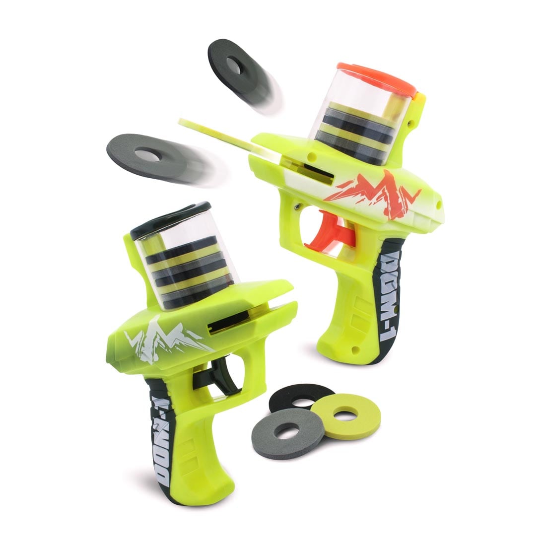 Duel Zip Shot Foam Disc Shooters with one shown shooting two discs