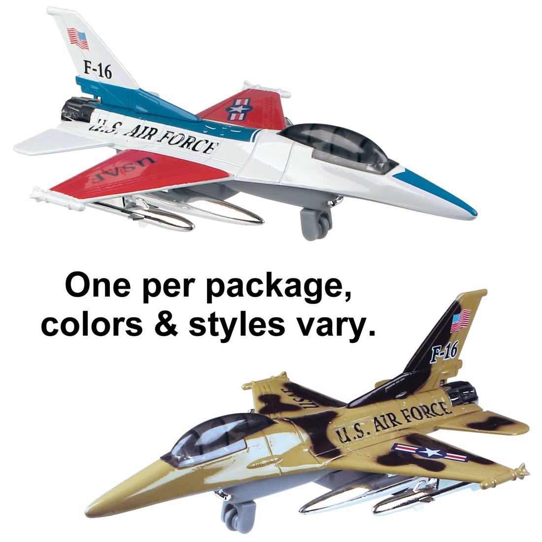 Two different Air Force Flyers Pull-Back Toys with the text One per package, colors & styles vary.