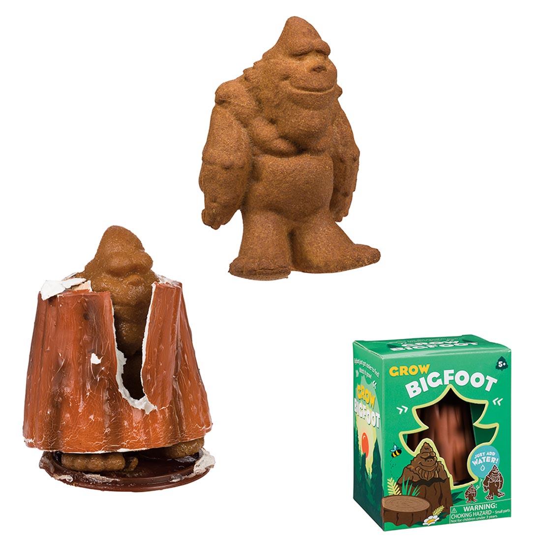 Hatchin' Grow Bigfoot By Toysmith shown inside the package, half-way grown, and fully hatched