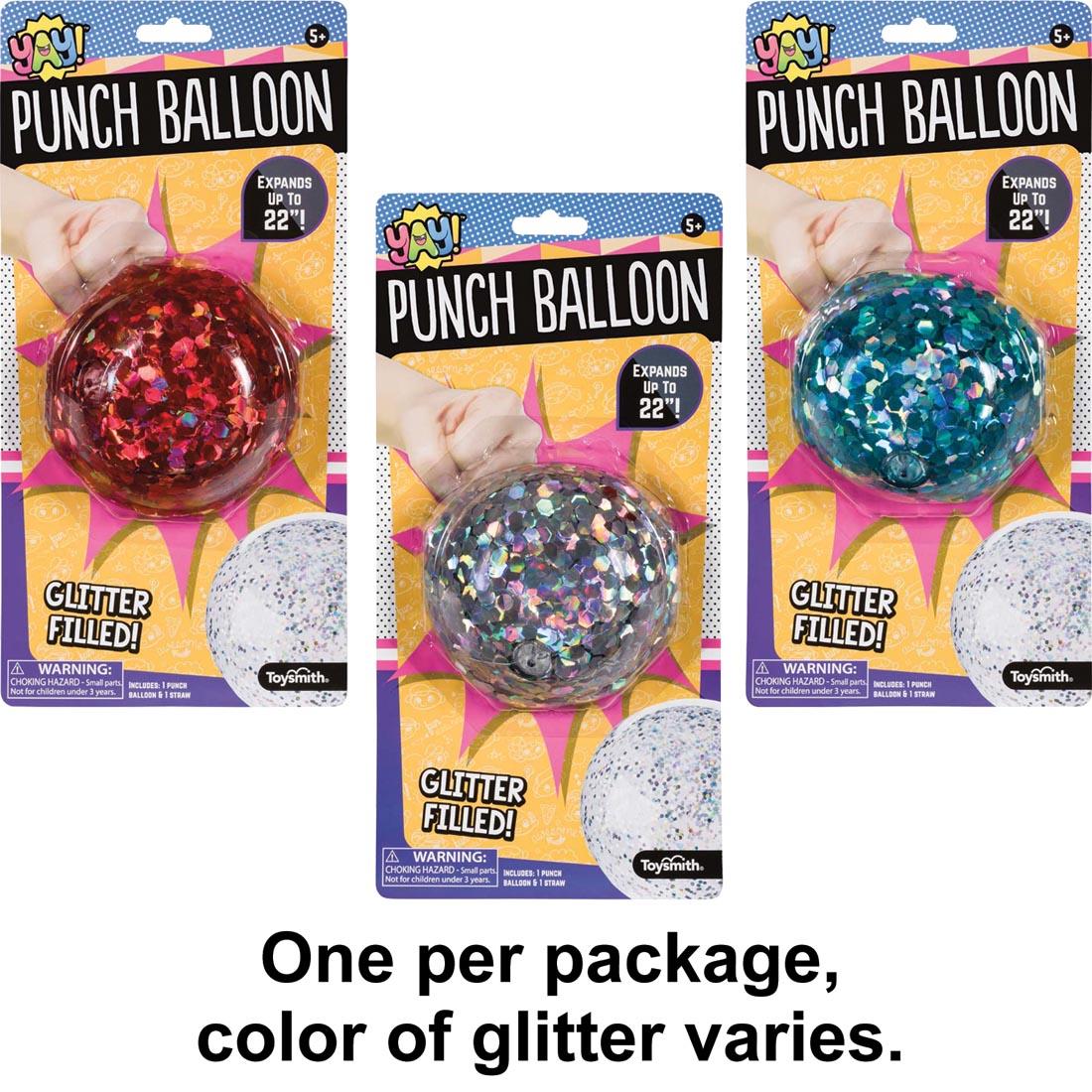 Three different Jumbo Glitter Punch Balloons with the text One per package, color of glitter varies.