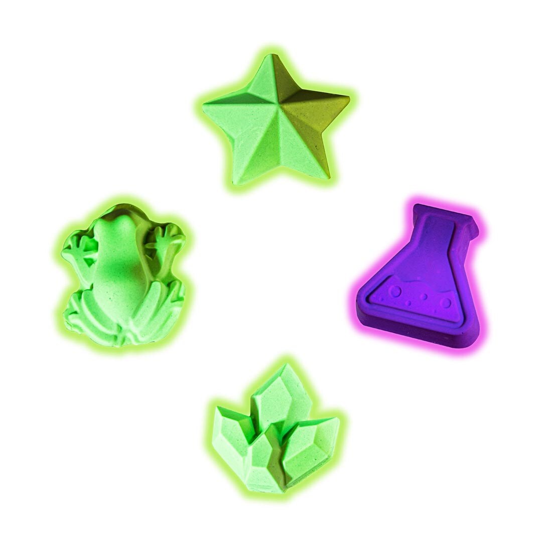 4 examples of glowing shapes made with the Glow-in-the-Dark Science Lab