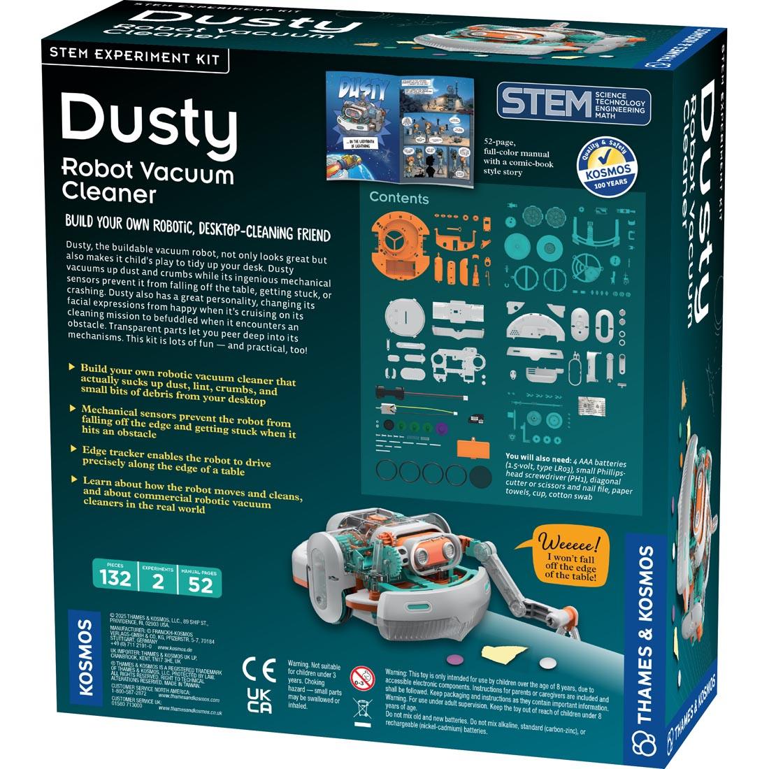 back of package for Dusty Robot Vacuum Cleaner By Thames & Kosmos