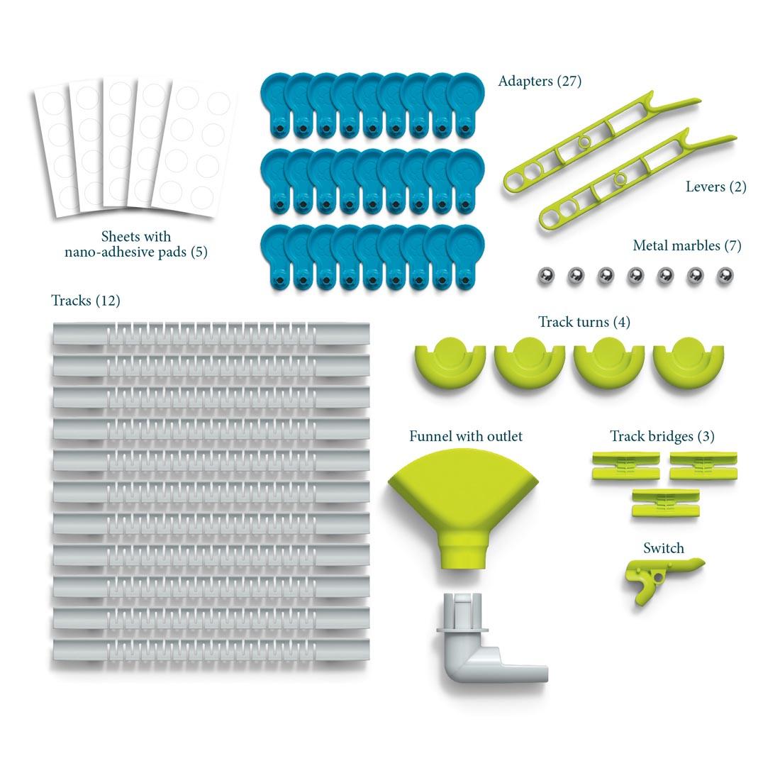 components of the Gecko Run: Marble Run Starter Set each labeled with their names and quantities
