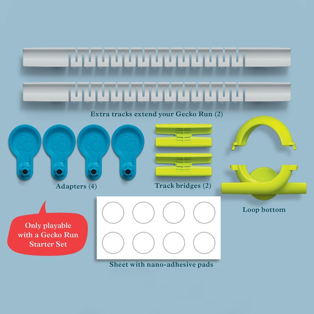 components of the Gecko Run: Marble Run Loop Expansion Pack each labeled with their name