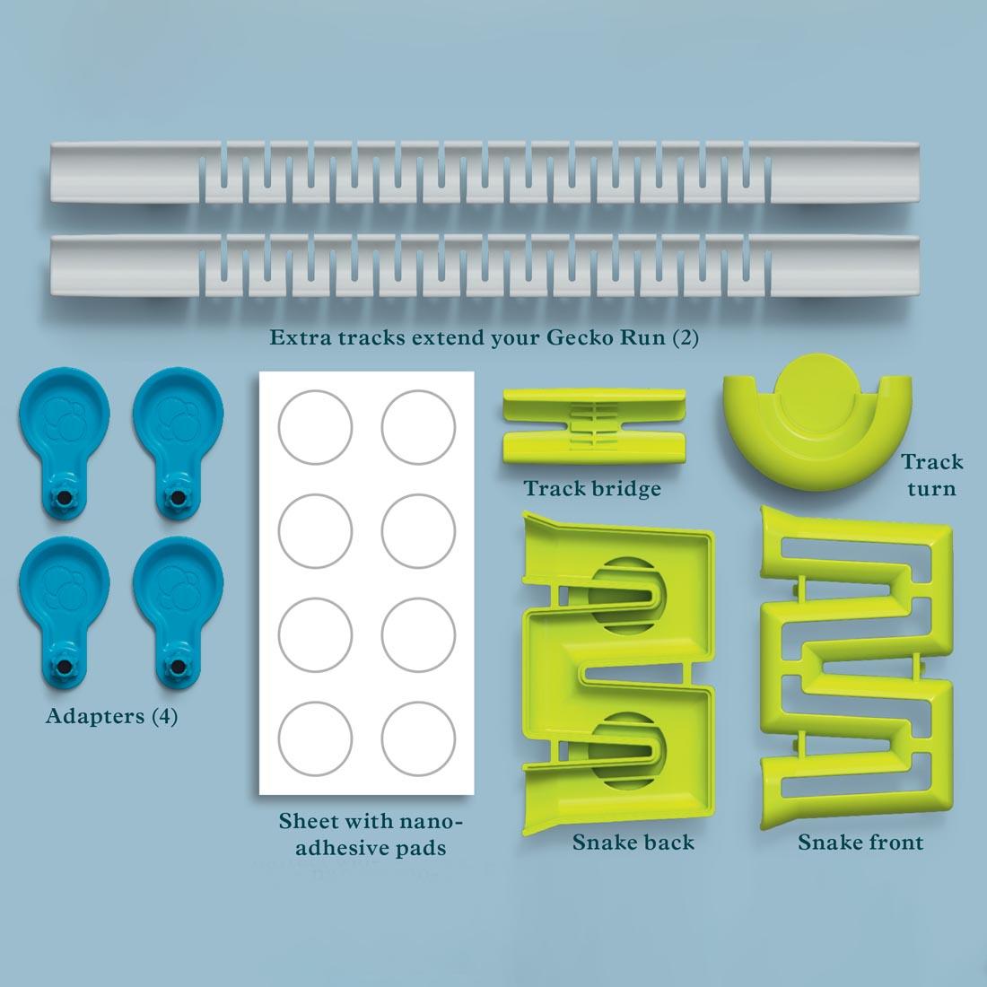 components of the Gecko Run: Marble Run Snake Expansion Pack each labeled with their name