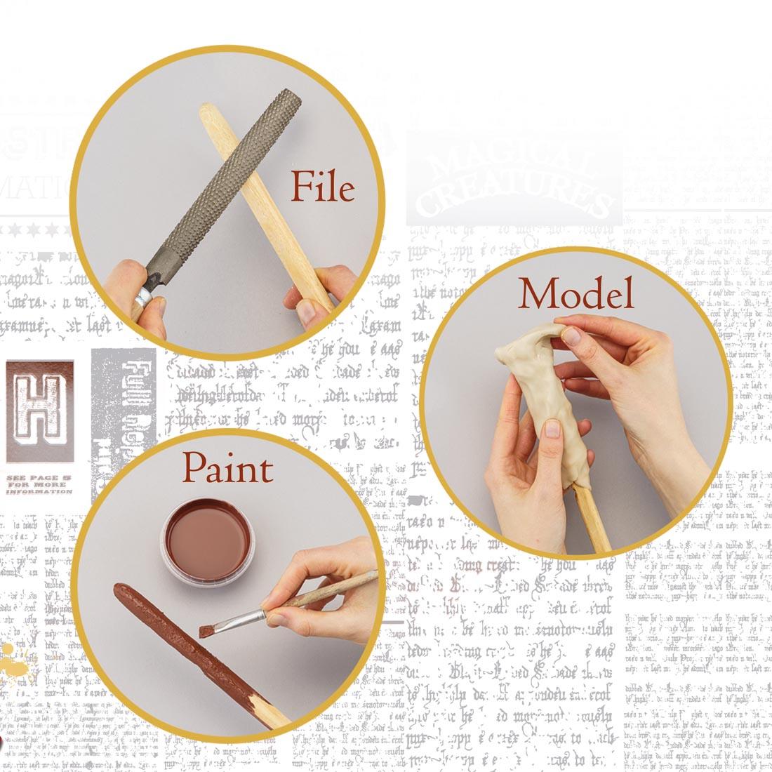 3 circles and simple instuctions for creating Harry Potter inspired wands, with the words: File; Model; and Paint