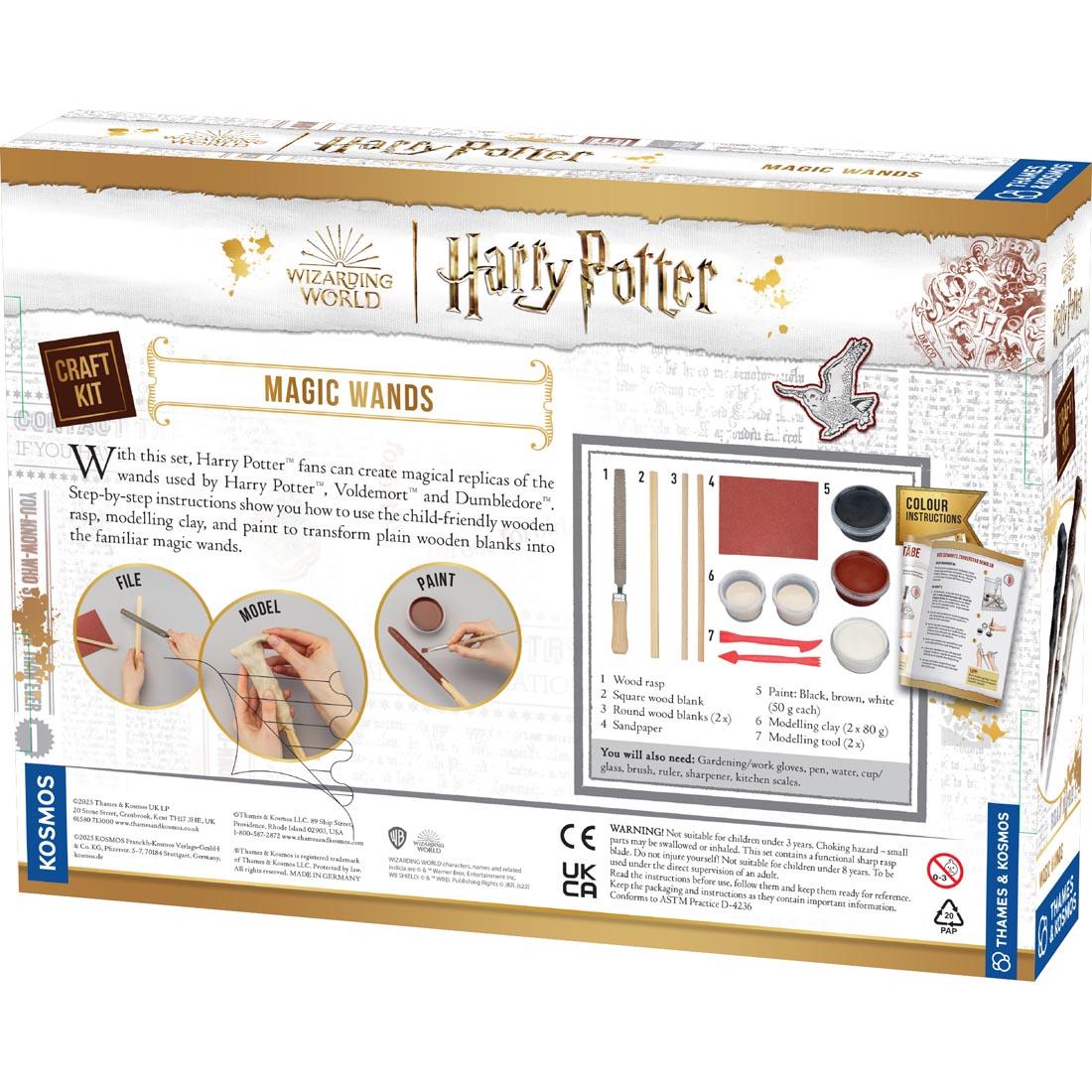 back package of Harry Potter: Magic Wands Craft Kit, showing contents and simple instructions