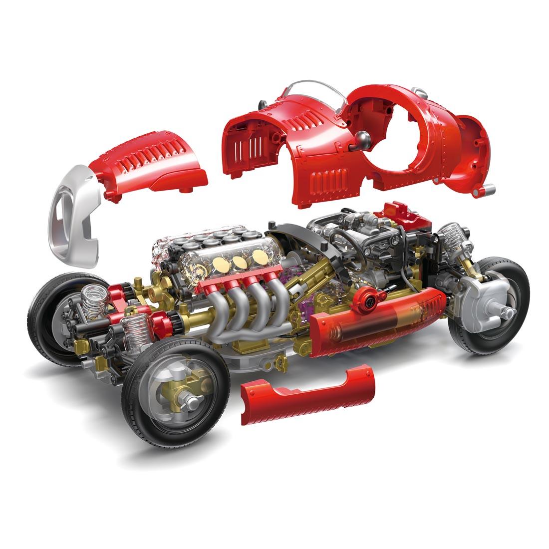 partially built V8 Race Car By Thames & Kosmos with top parts hovering above