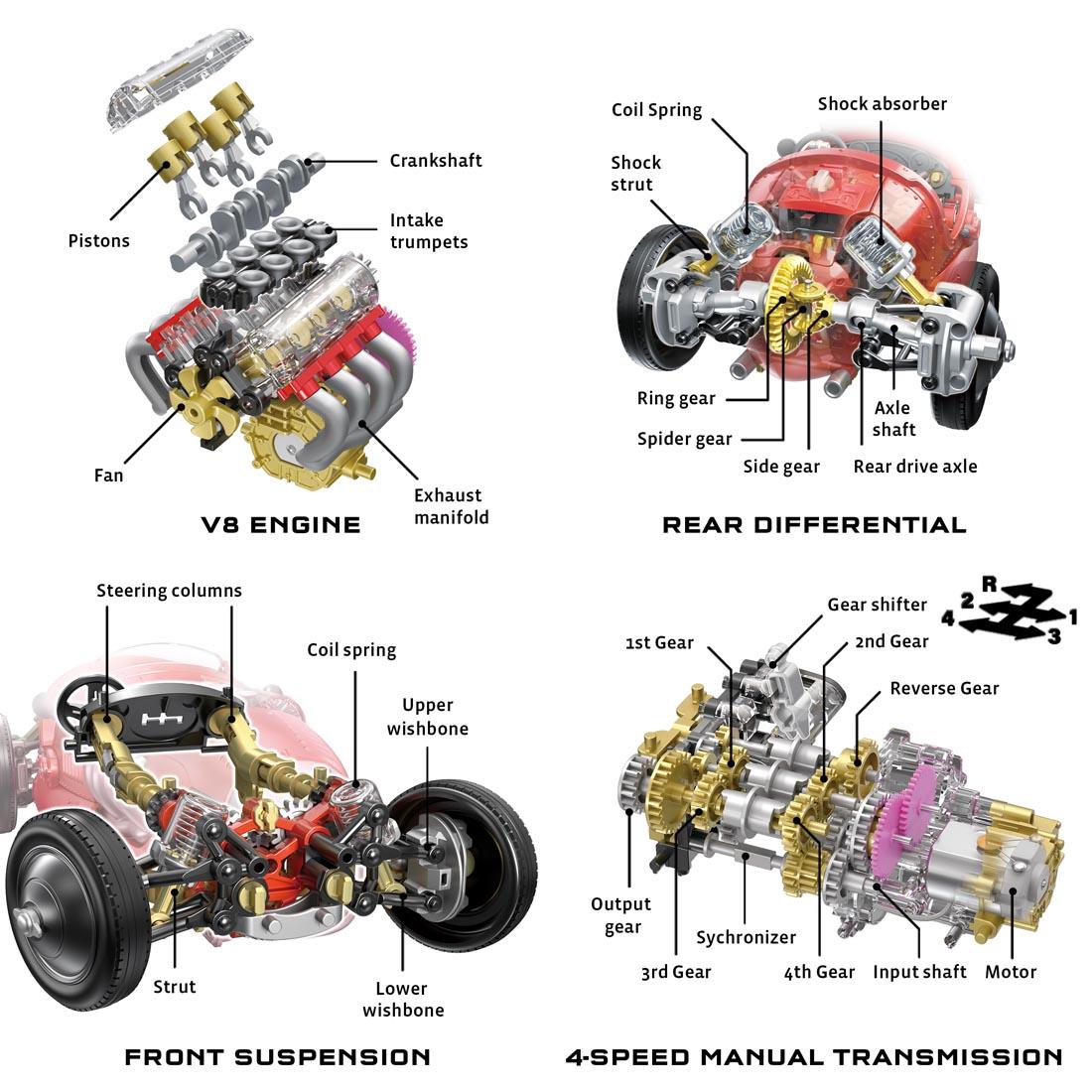 infographic labeling all the components of the V8 Race Car By Thames & Kosmos