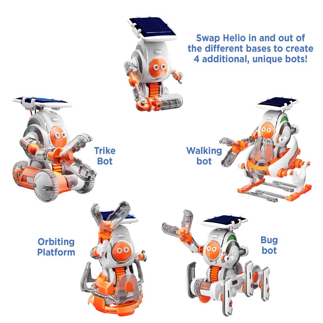 5 robots from SolarBots Cosmic Explorers Set and text: Swap Helio in and out of the different bases to create 4 additional, unique bots! Trike Bot, Walking bot, Orbiting Platform, Bug bot