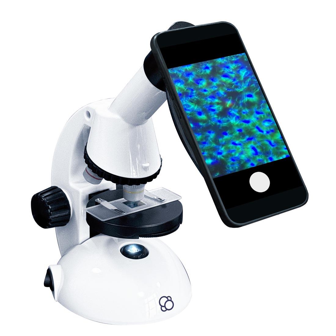 a smart phone shown with the Microscope With Smartphone Adapter