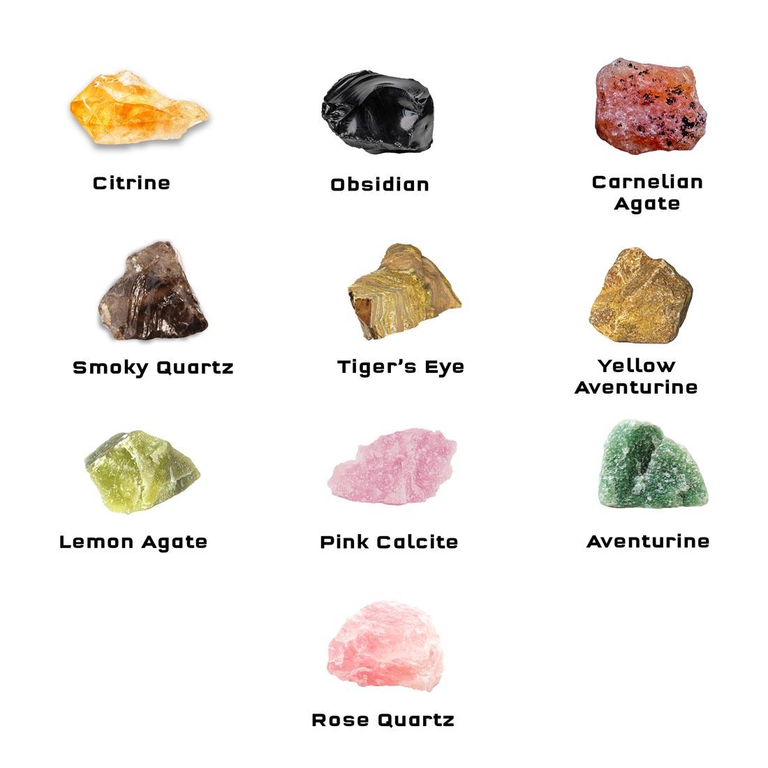 Ten rocks from the Rock Tumbler by Thames & Kosmos labeled Citrine, Obsidian, Carnelian Agate, Smoky Quartz, Tiger's Eye, Yellow Aventurine, Lemon Agate, Pink Calcite, Aventurine, Rose Quartz
