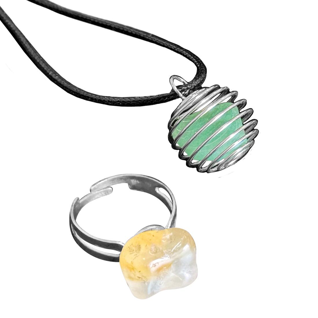 examples of a pendant and ring made with the Rock Tumbler by Thames & Kosmos