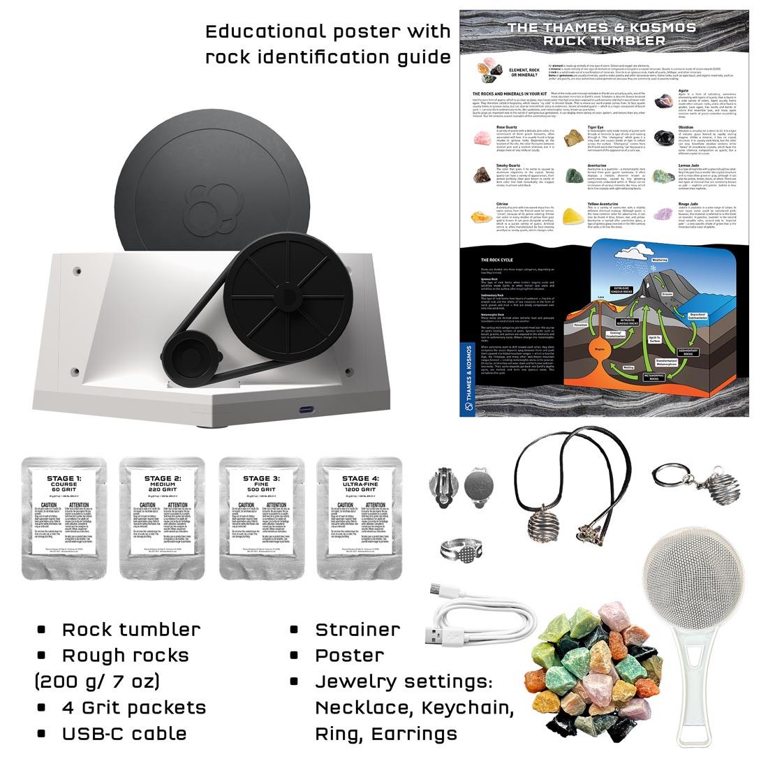 labeled contents of the Rock Tumbler Kit by Thames & Kosmos