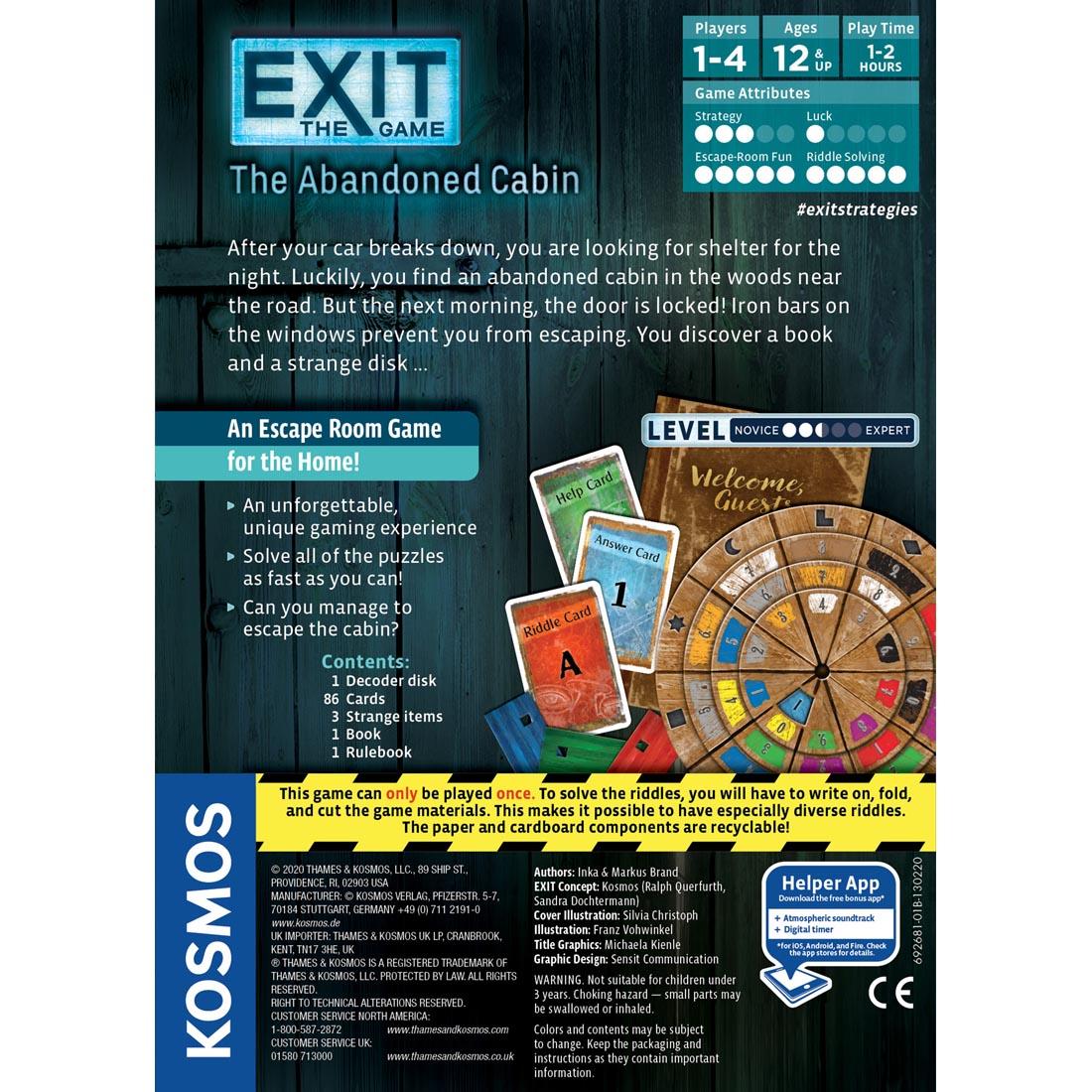 back of package for The Abandoned Cabin Version of EXIT The Game
