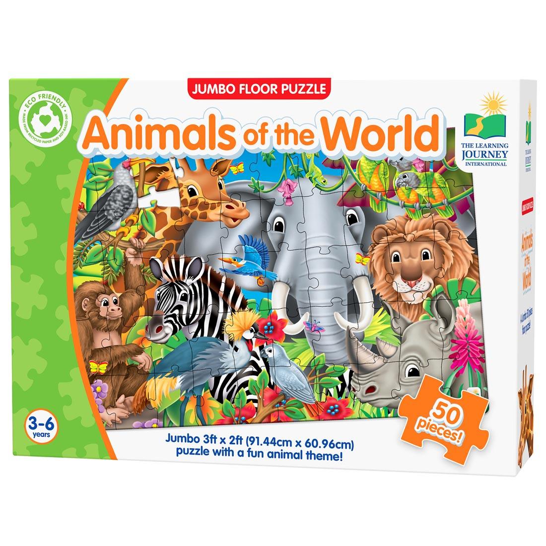 Front of box of Animals Of The World Jumbo Floor Puzzle By The Learning Journey