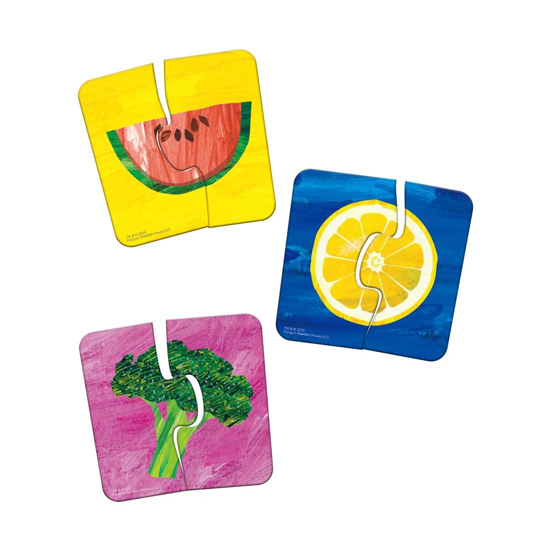 three sets of puzzle cards from the Eric Carle My First Match It! Things I Eat By The Learning Journey