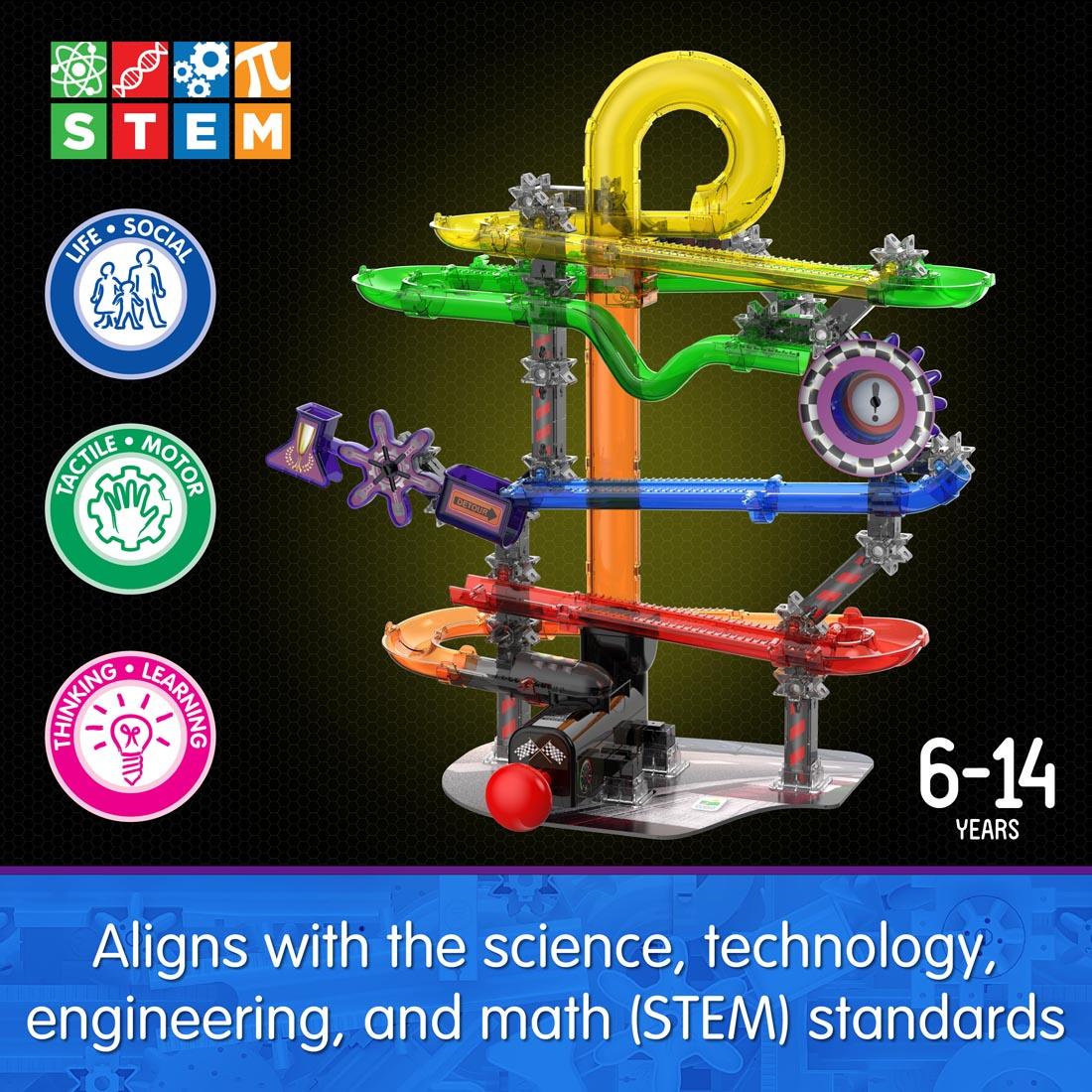 sample marble run, with the words: Aligns with the science, technology, engineering and math (STEM) standards