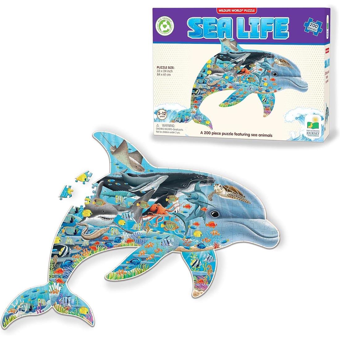 almost completed Wildlife World Sea Life 200-Piece Puzzle By The Learning Journey below its package