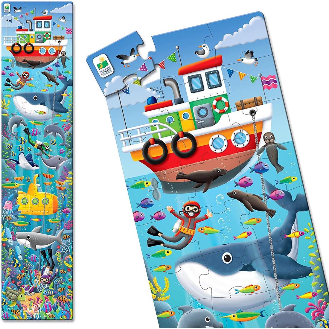 Completed full Long & Tall Under The Sea Puzzle By The Learning Journey plus a closeup of the top of the puzzle