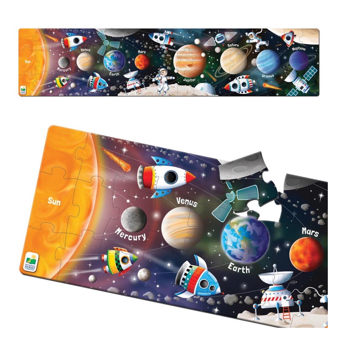 Completed full Long & Tall Solar System Puzzle By The Learning Journey plus a closeup of the left side of the puzzle