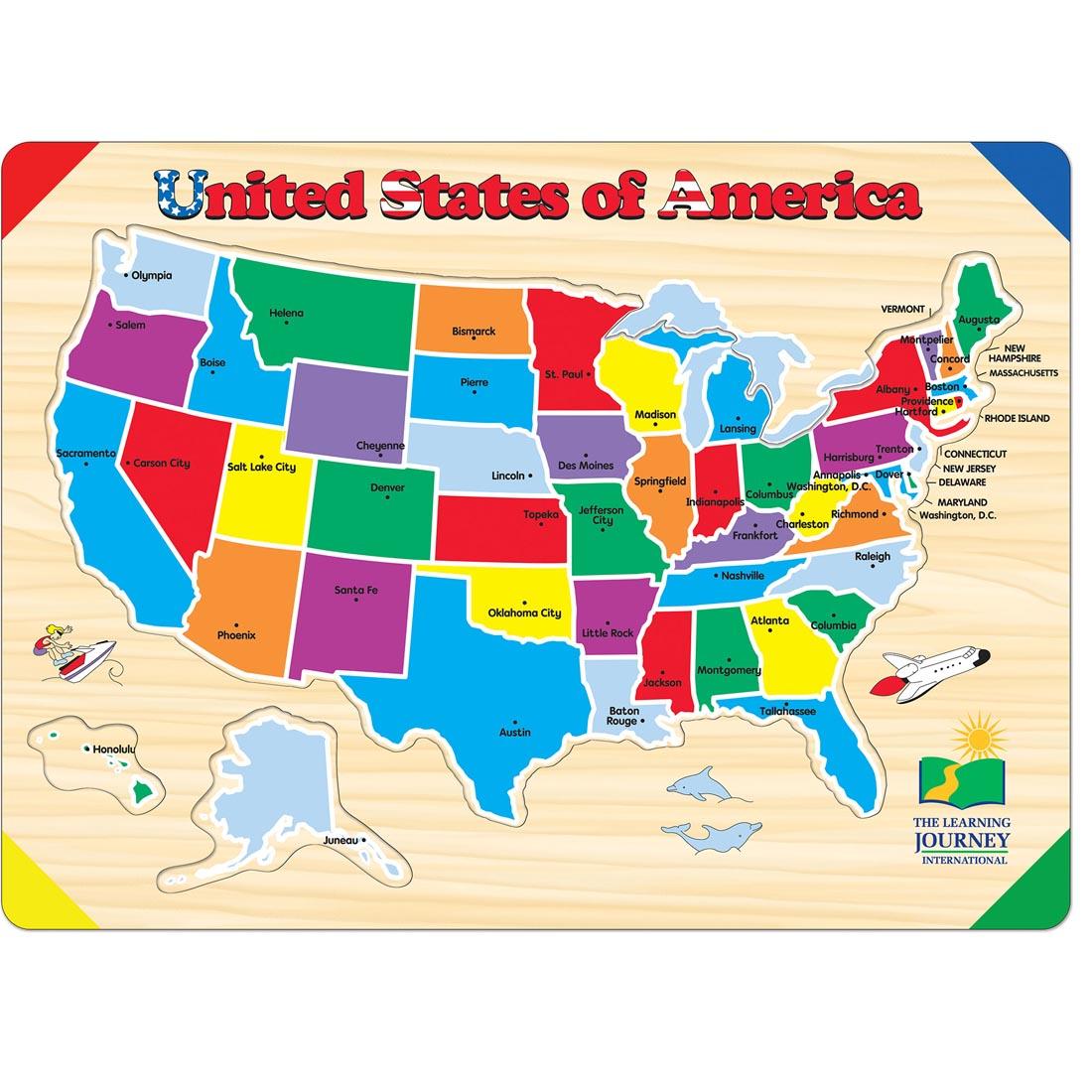 The tray of the Lift and Learn USA Map Puzzle by The Learning Journey with the pieces removed