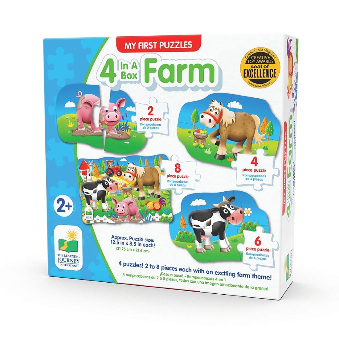 Front of package of My First Puzzles 4-In-A-Box Farm Puzzles Set By The Learning Journey