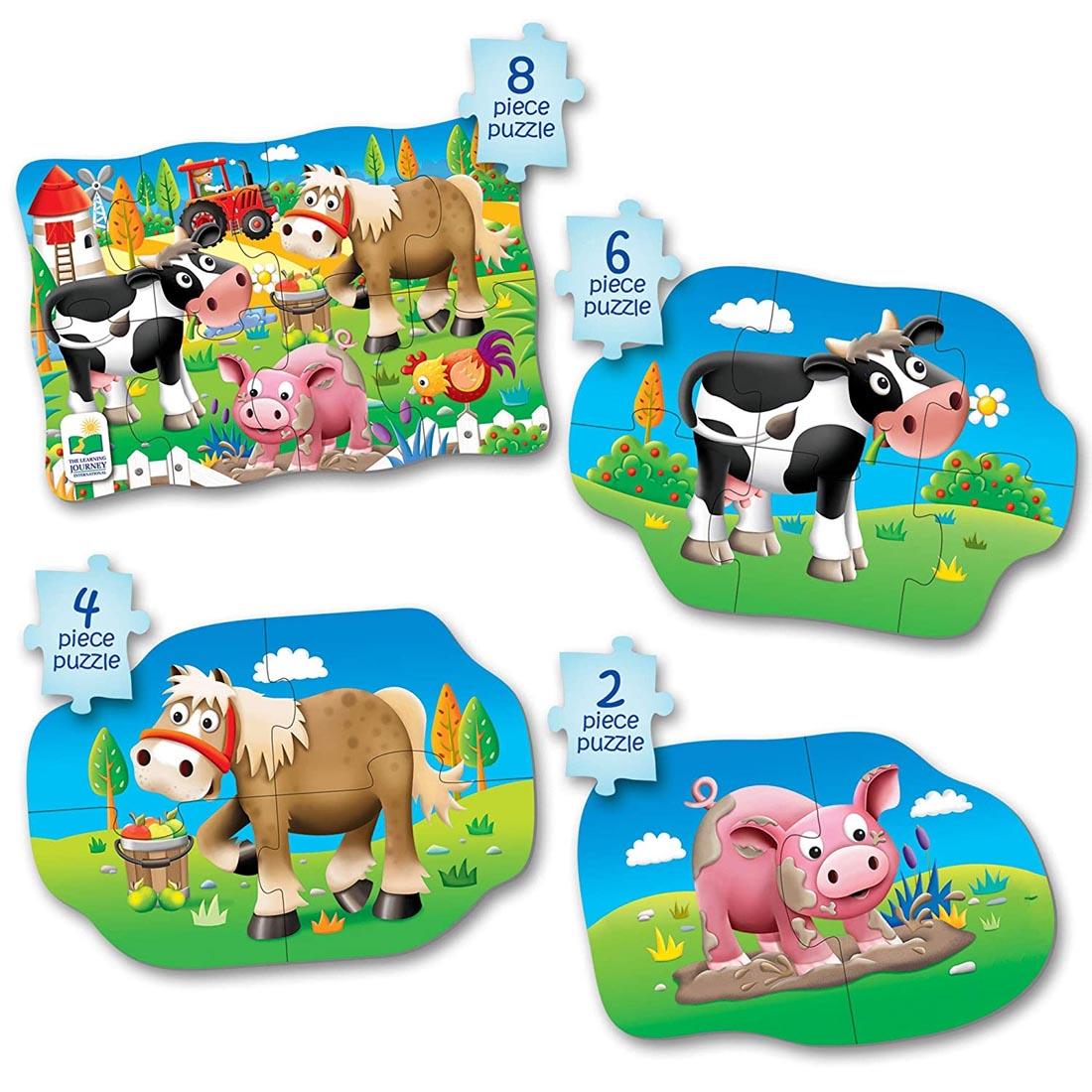 The completed four puzzles from My First Puzzles 4-In-A-Box Farm Puzzles Set By The Learning Journey with labels indicating how many pieces are in each