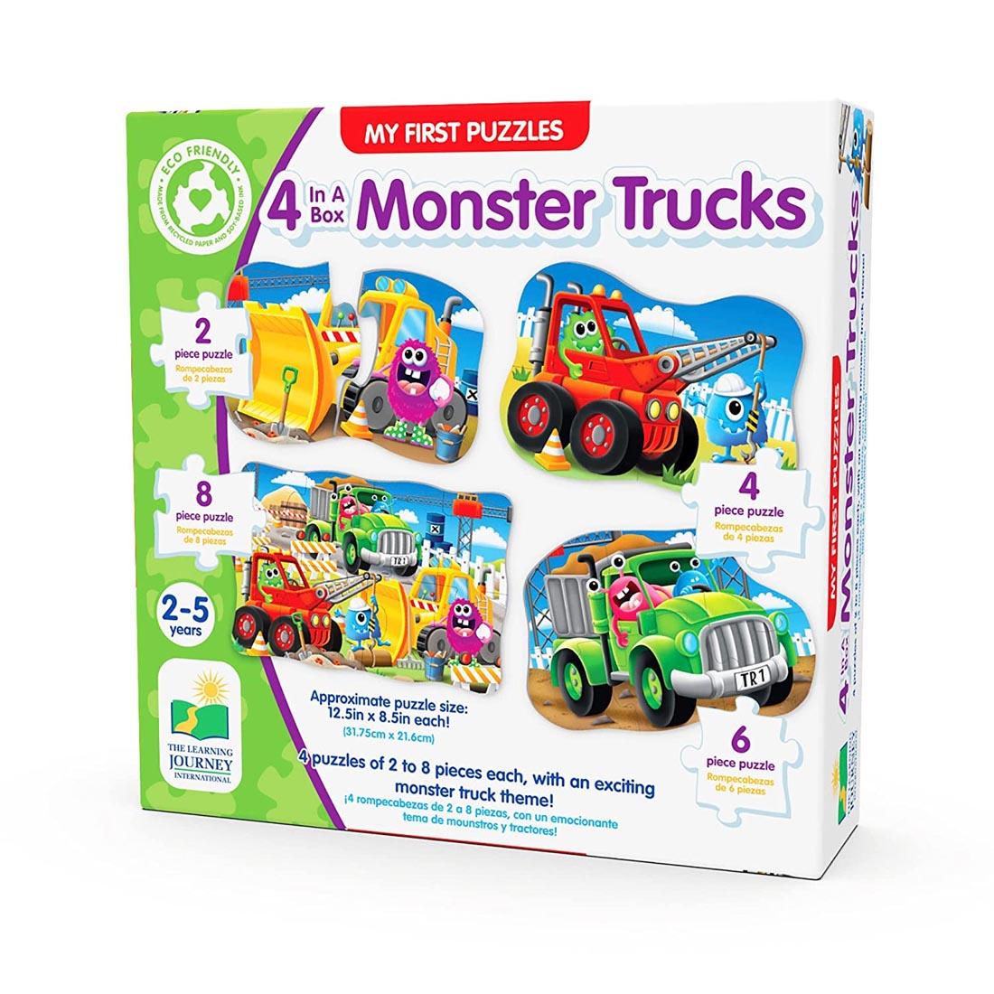 Front of package of My First Puzzles 4-In-A-Box Monster Truck Puzzles Set By The Learning Journey