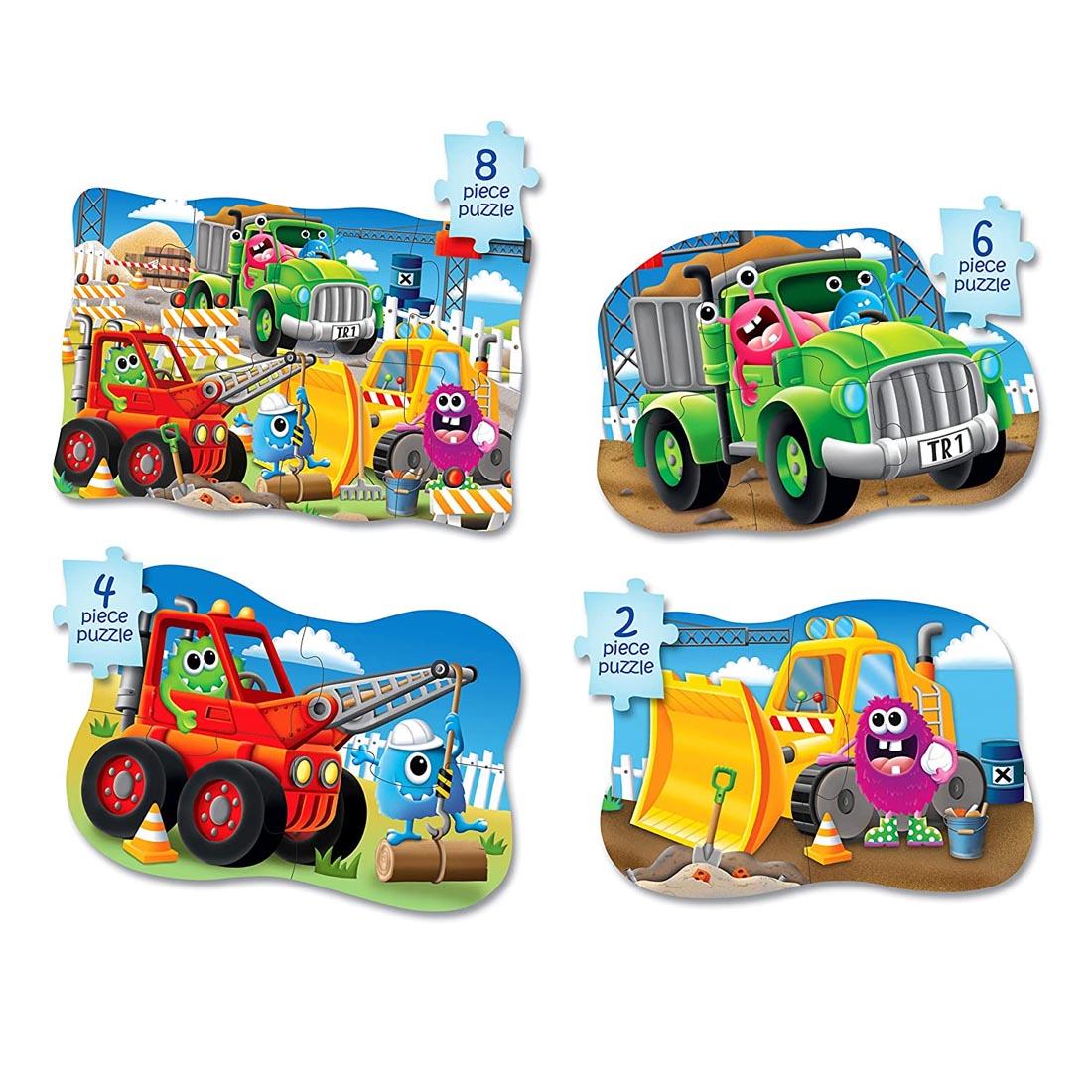 The four completed puzzles from the My First Puzzles 4-In-A-Box Monster Truck Puzzles Set By The Learning Journey with labels indicating the number of pieces in each