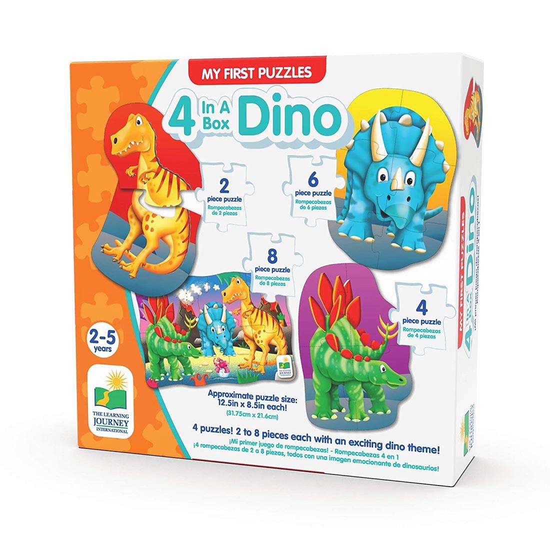 Front of package of My First Puzzles 4-In-A-Box Dino Puzzles Set By The Learning Journey