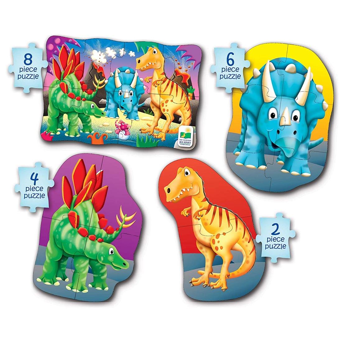 The four completed puzzles from the My First Puzzles 4-In-A-Box Dino Puzzles Set By The Learning Journey with labels indicating the number of pieces in each