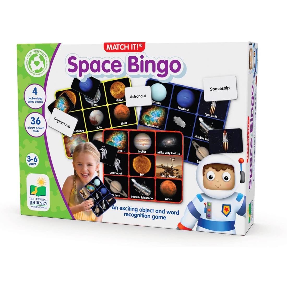 Front of box of Match It! Space Bingo By The Learning Journey