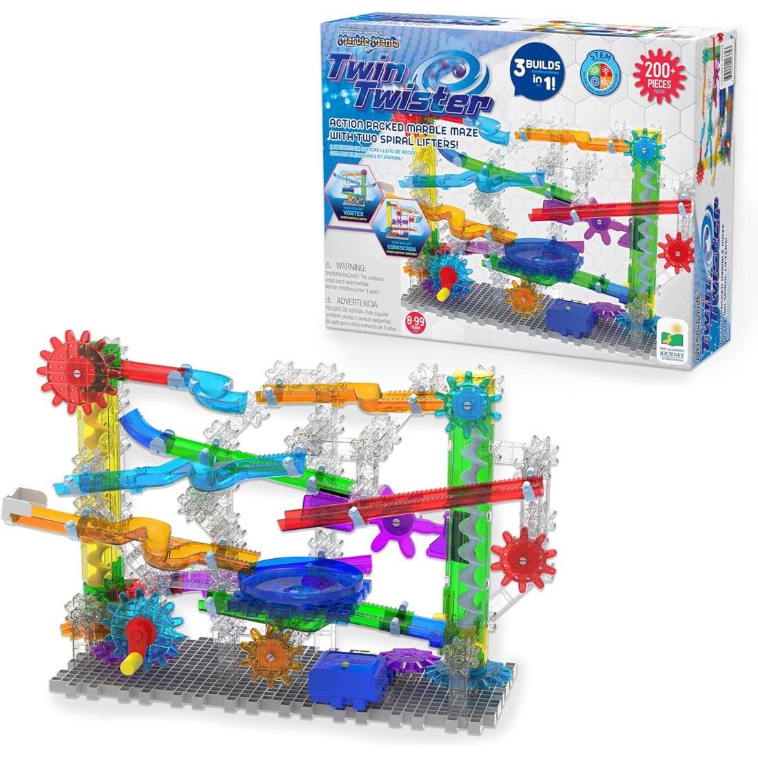 assembled Techno Gears Marble Mania Twin Twister By The Learning Journey below its box