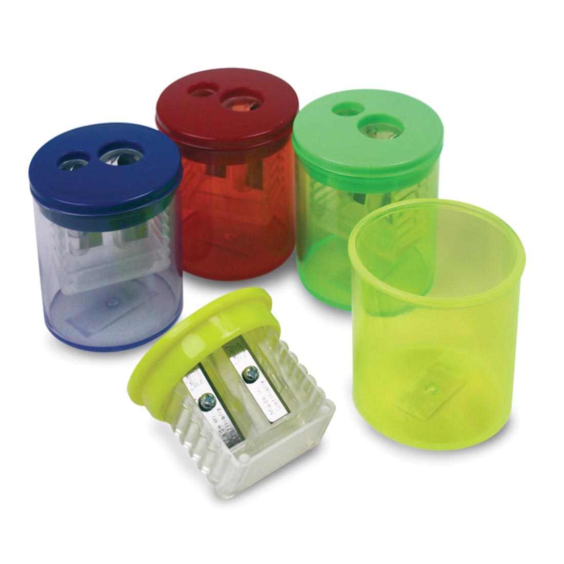 Four Eisen Pencil Sharpeners, one with lid off
