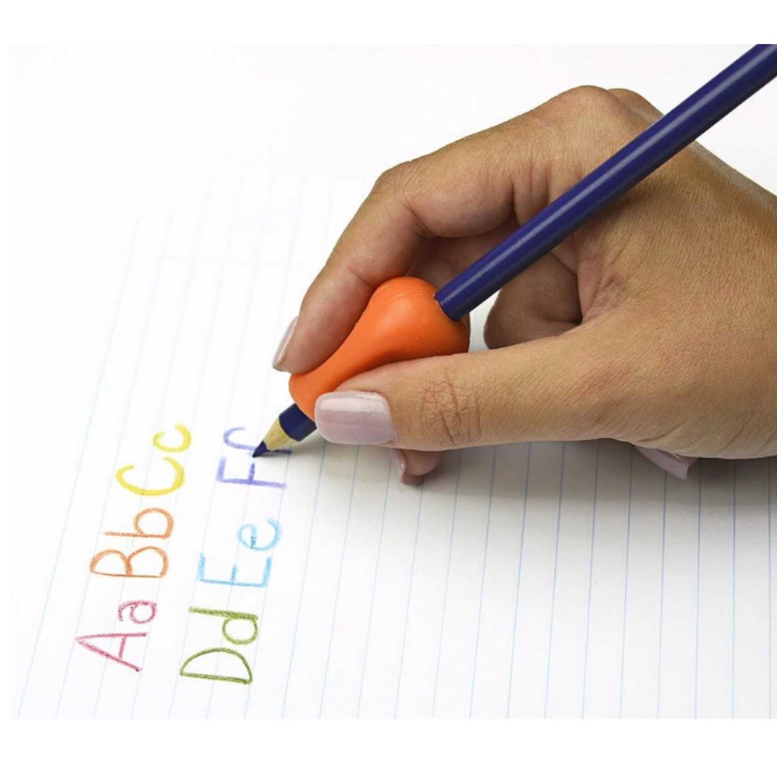 Hand writing alphabet letters, using a colored pencil with The Pencil Grip Regular Size Bright grip