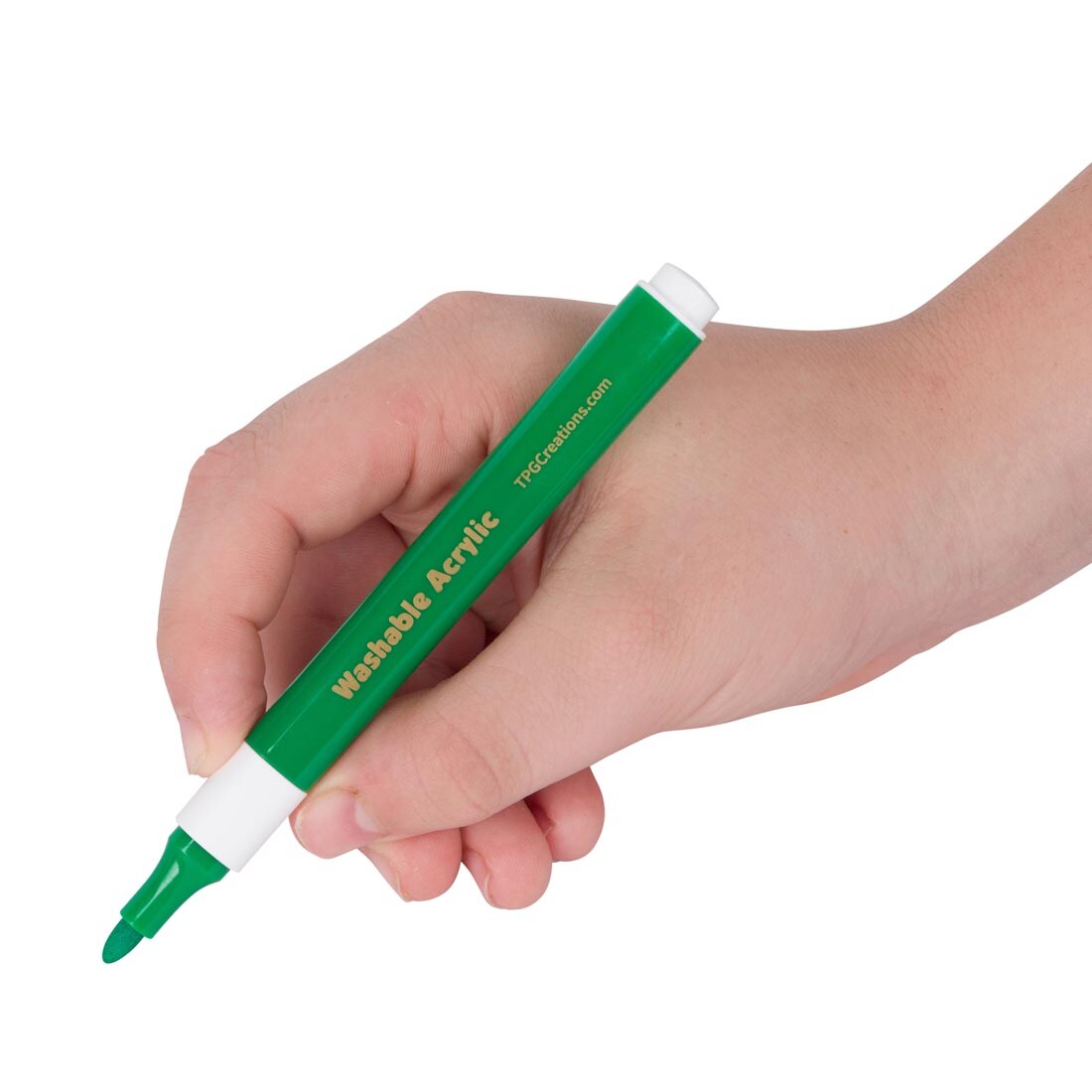 hand holding a green Magic Stix Washable Acrylic Marker with lid off
