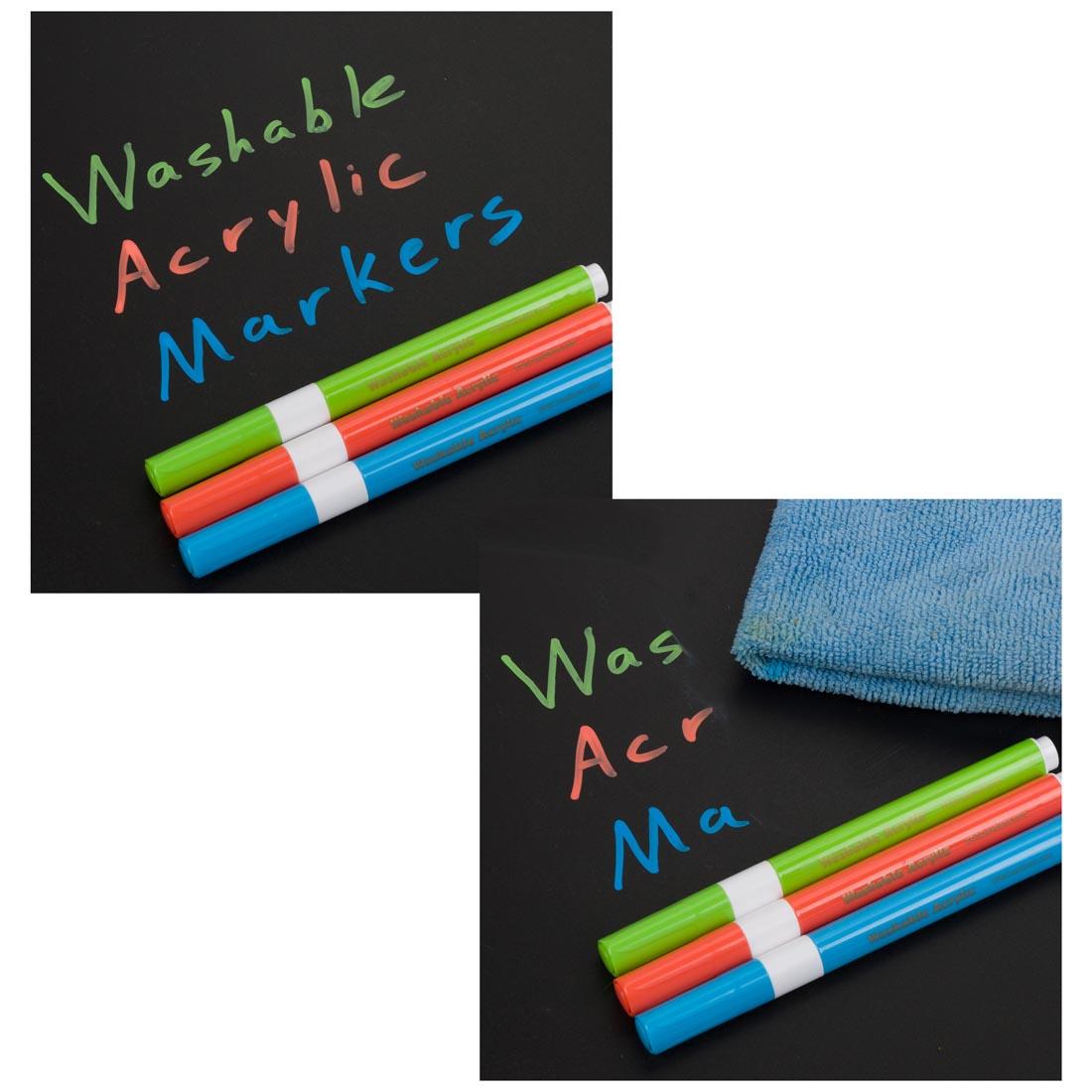 2 black squares, each with three Magic Stix Washable Acrylic Markers; 1 with words Washable Acrylic Markers written, the other with an eraser cloth and half the words erased