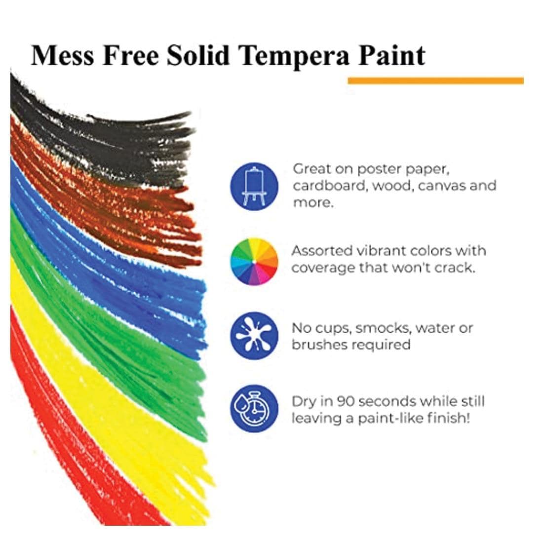 swaches of 6 colors of Kwik Stix Solid Tempera Paint; lists the benefits of mess-free solid paint