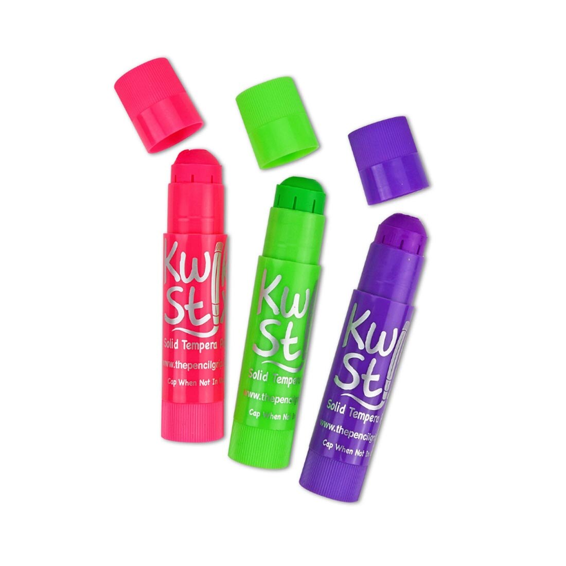 3 neon colors of Kwik Stix Solid Tempera Paint, showing pink, green and purple, with the caps off