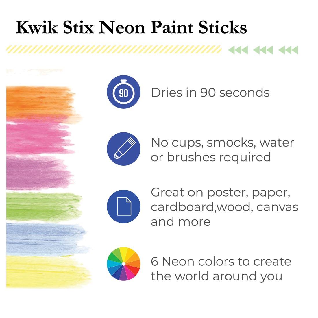 6 neon swatches of Kwik Stix Solid Tempera Paint; image lists the benefits of solid paint sticks
