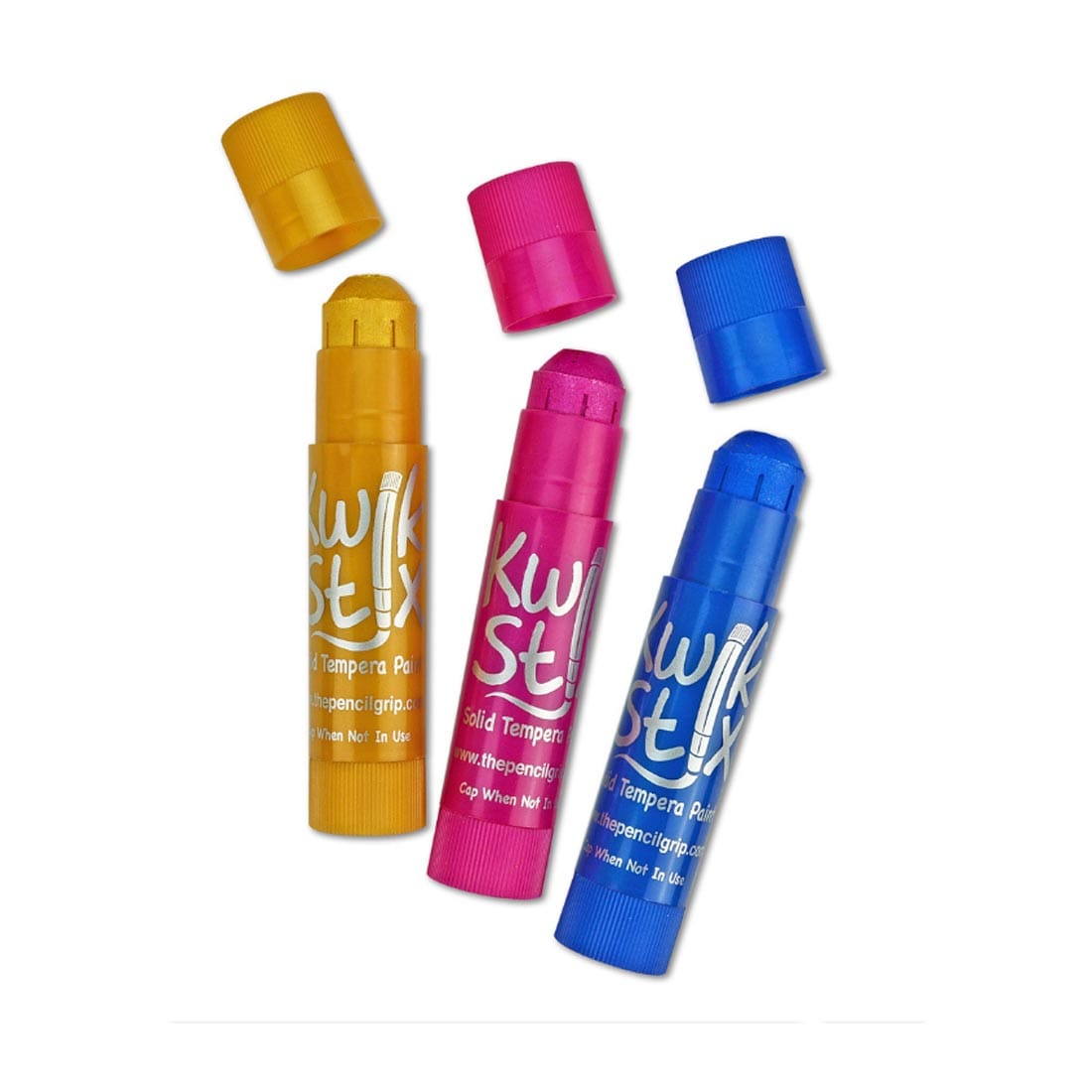 3 metallic colors of Kwik Stix Solid Tempera Paint, showing gold, pink and blue, with caps off