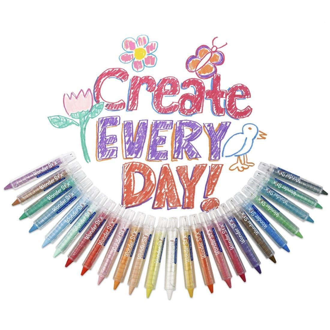 Wonder Stix 24-Color Set arranged around a drawing that reads "create every day!"