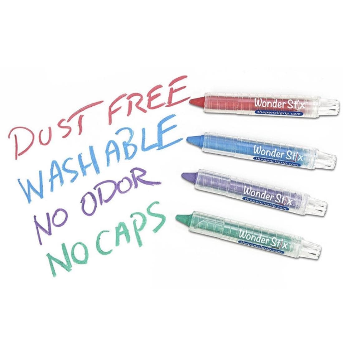 Four stix from the Wonder Stix 24-Color Set beside words they've drawn, including "Dust Free, Washable, No Odor, No Caps"